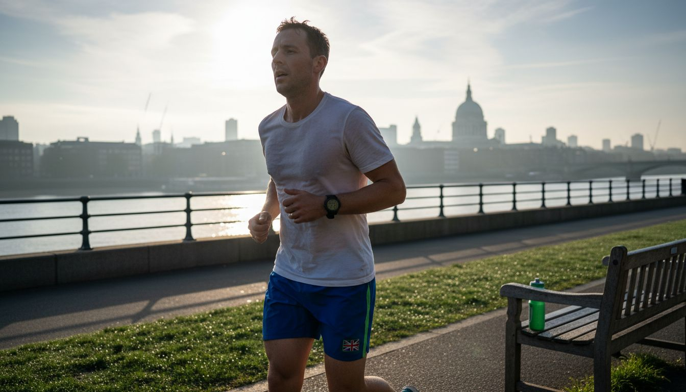 UK athlete jogging riverside at sunrise