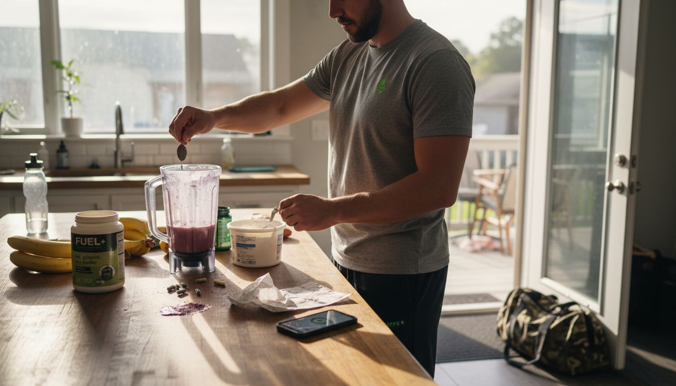 Athlete preparing prebiotic-rich breakfast in kitchen