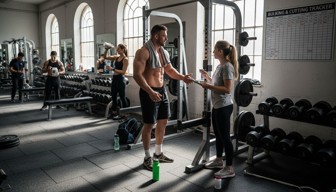 Bodybuilder and trainer discussing bulking and cutting