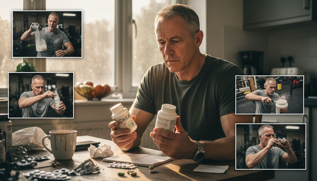 Man reviews DHEA supplement bottles at kitchen table