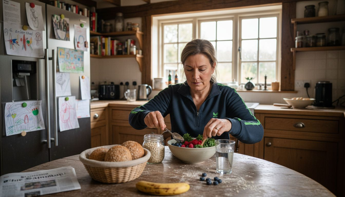 Woman making fibre-rich meal at breakfast table