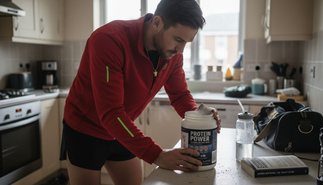 UK athlete reading supplement label at kitchen counter