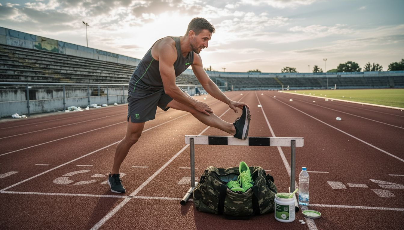Athlete stretching on track at sunrise