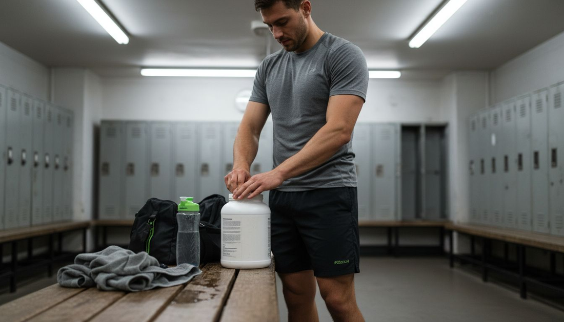 Man opening protein powder in gym locker room