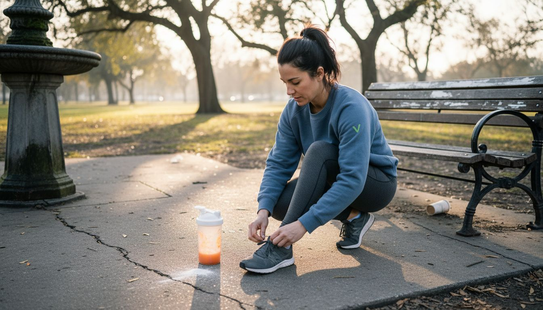 Woman lacing shoes in city park at sunrise