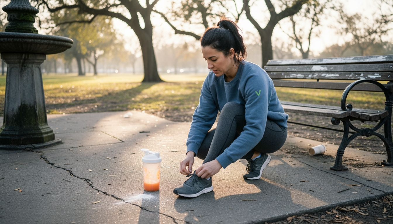 Woman lacing shoes in city park at sunrise