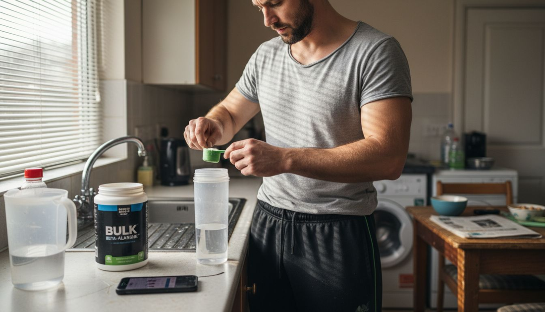 Athlete mixes beta-alanine supplement in kitchen