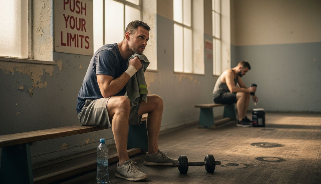 Fatigued athlete resting in worn gym