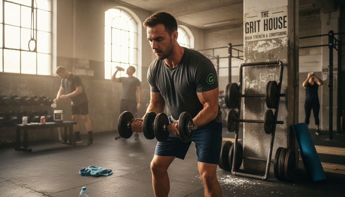 Athlete lifting dumbbells in urban gym