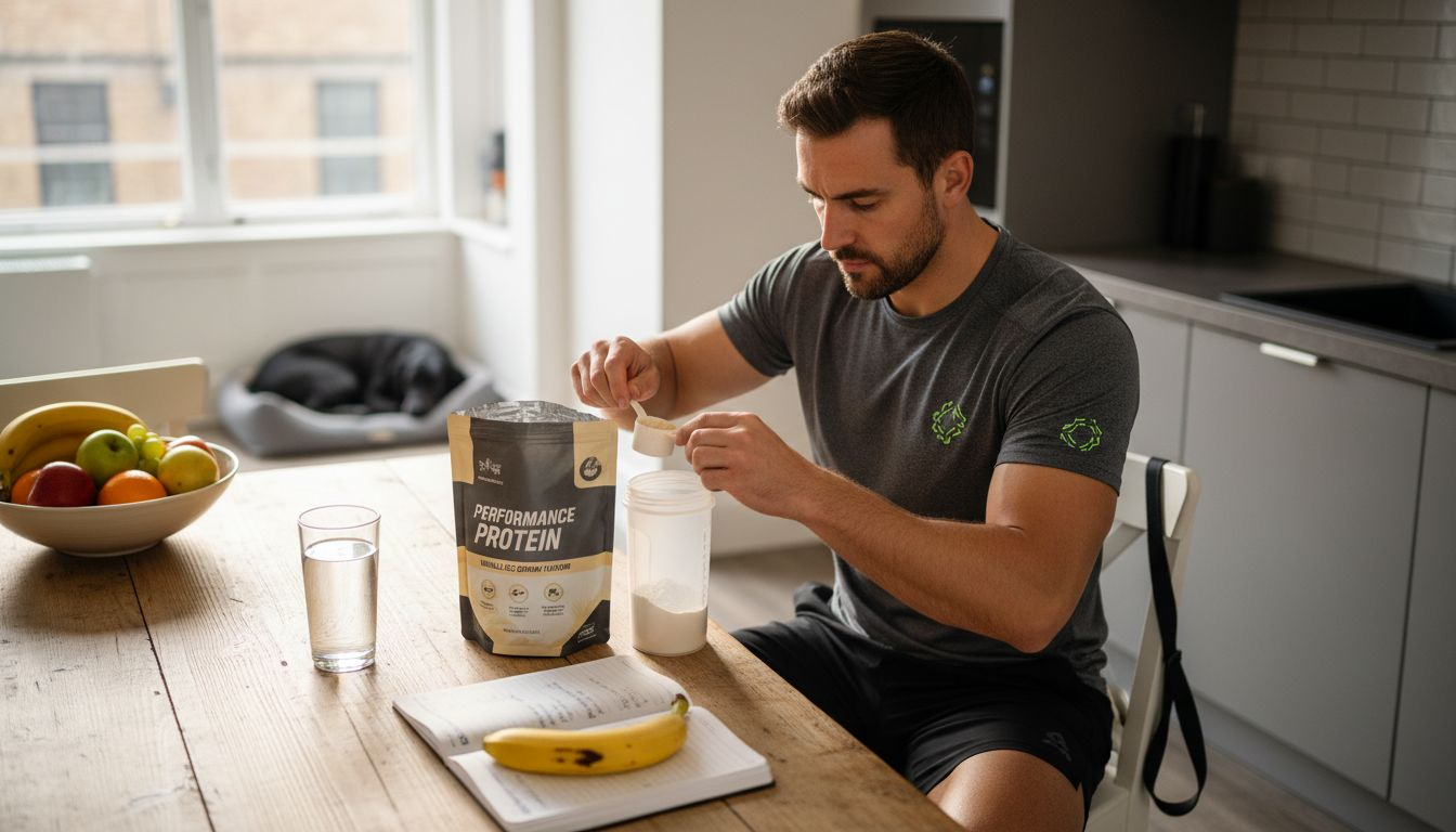 Man prepping workout supplements in kitchen