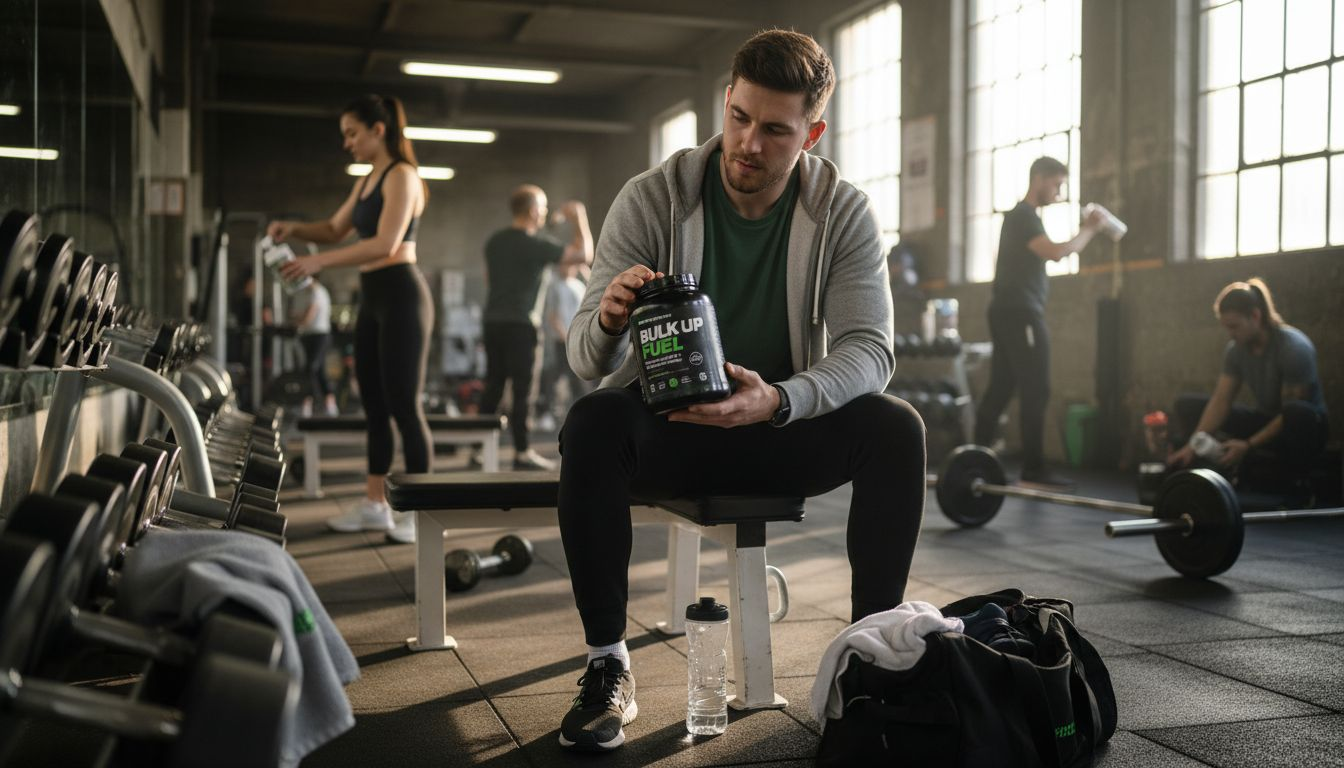 Man checking supplement label in gym setting