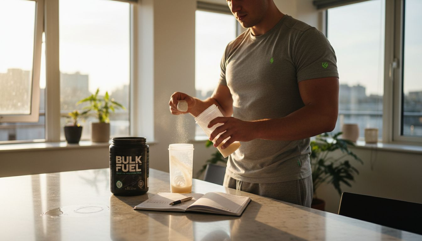 Man preparing protein shake in kitchen