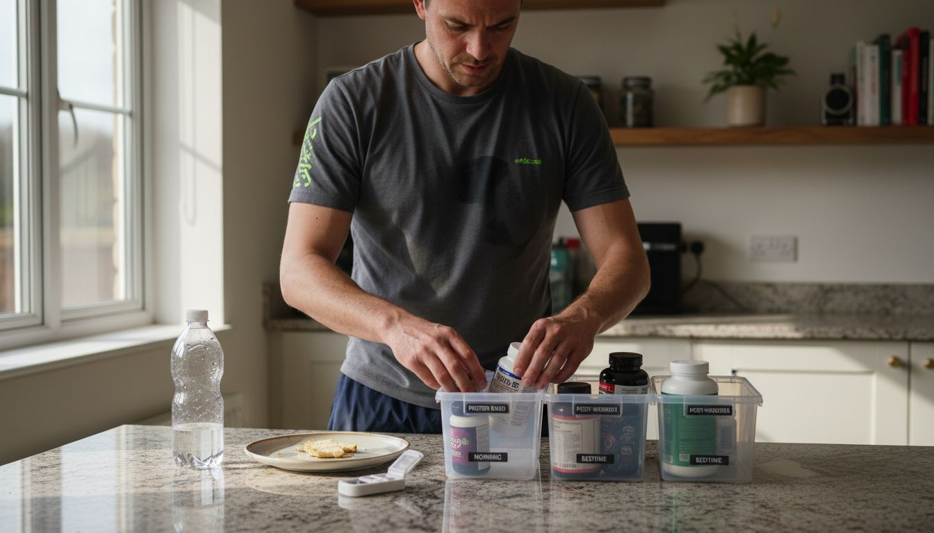 Jogger organizing supplement bottles in kitchen