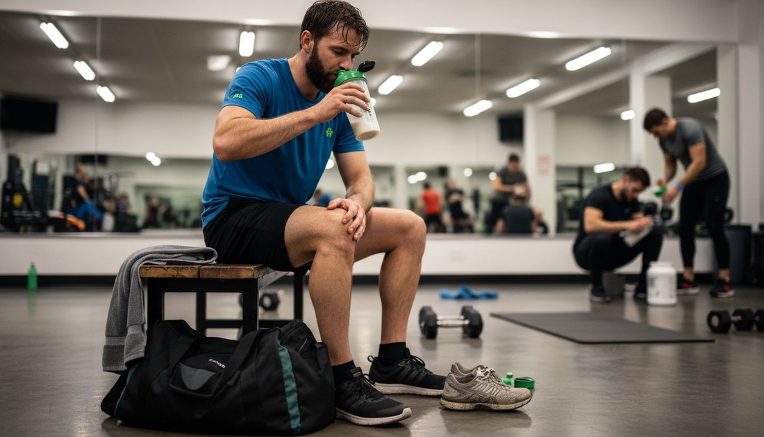 Athlete recovering with collagen shake after workout