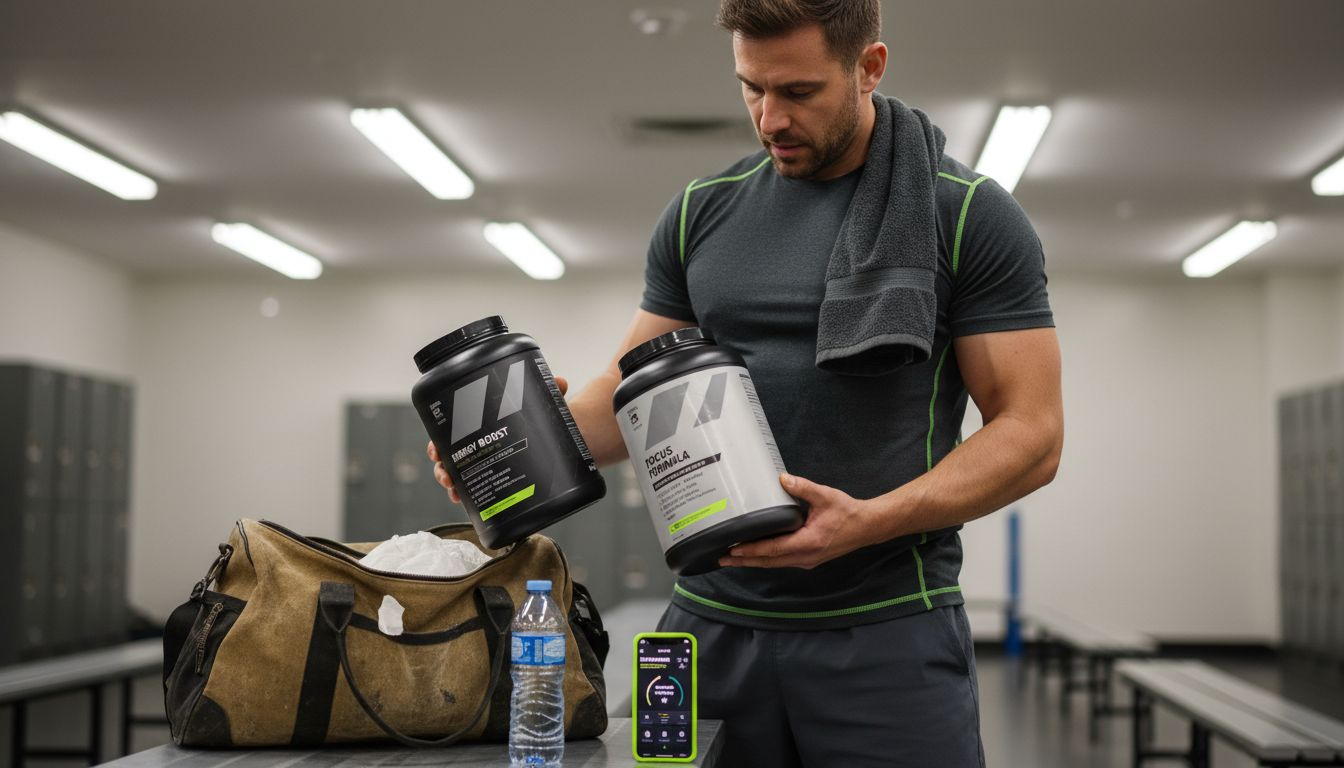 Athlete examines pre-workout drink options in gym locker room