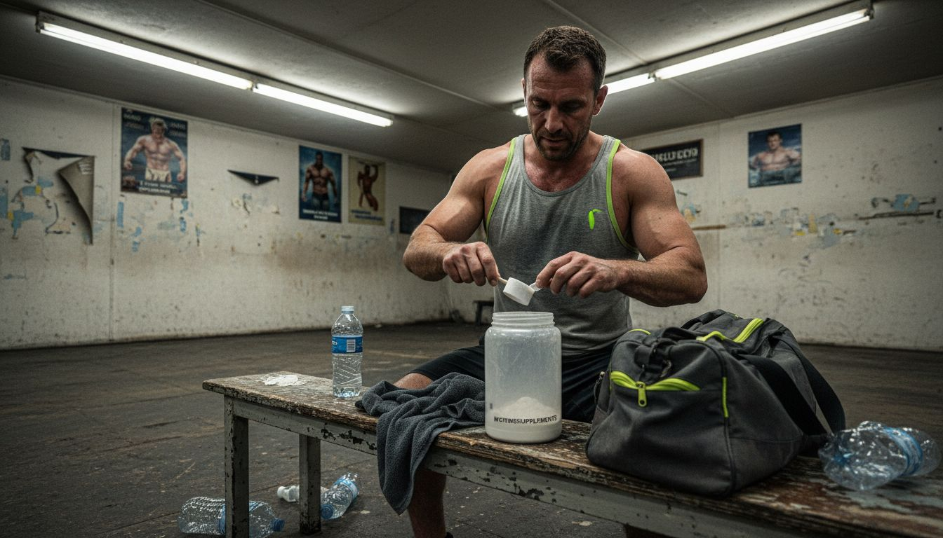 Athlete preparing pre workout in busy gym
