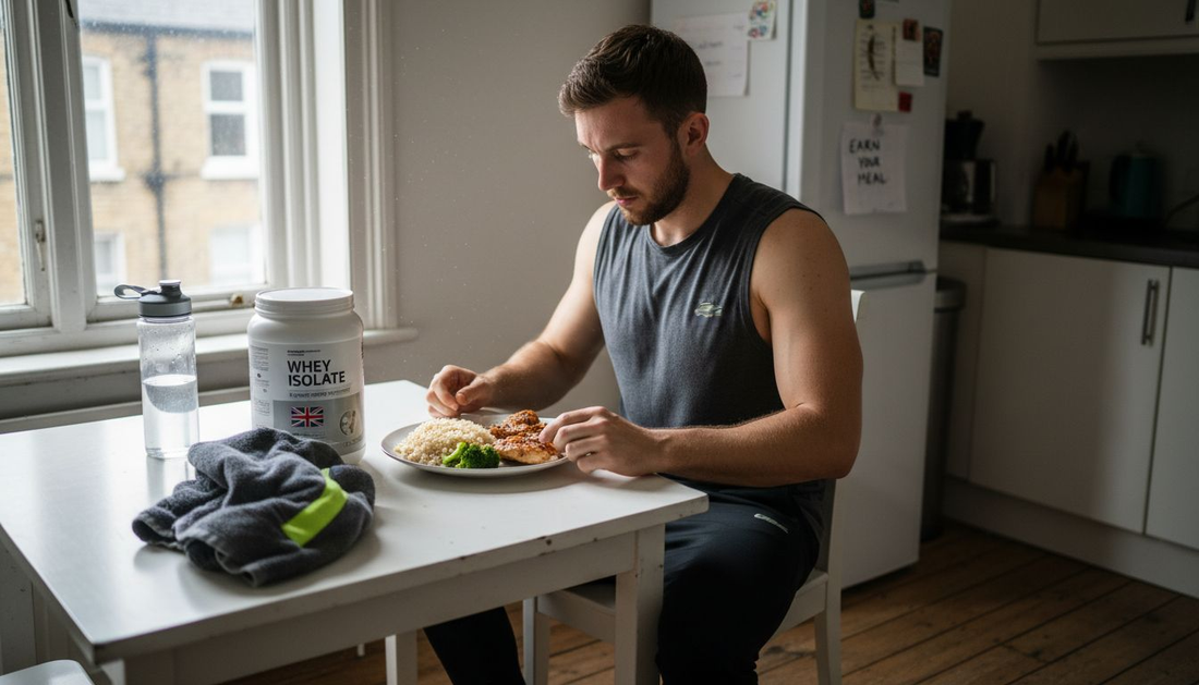 UK fitness enthusiast making healthy workout meal