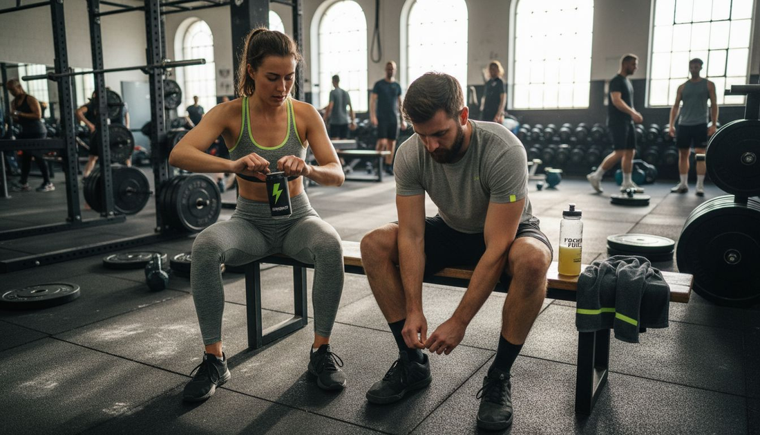 Athletes with energy drinks in London gym before workout