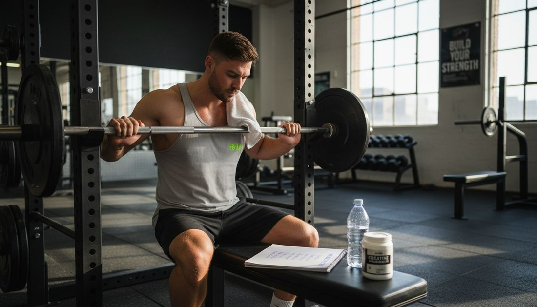 Man preparing barbell in bright city gym