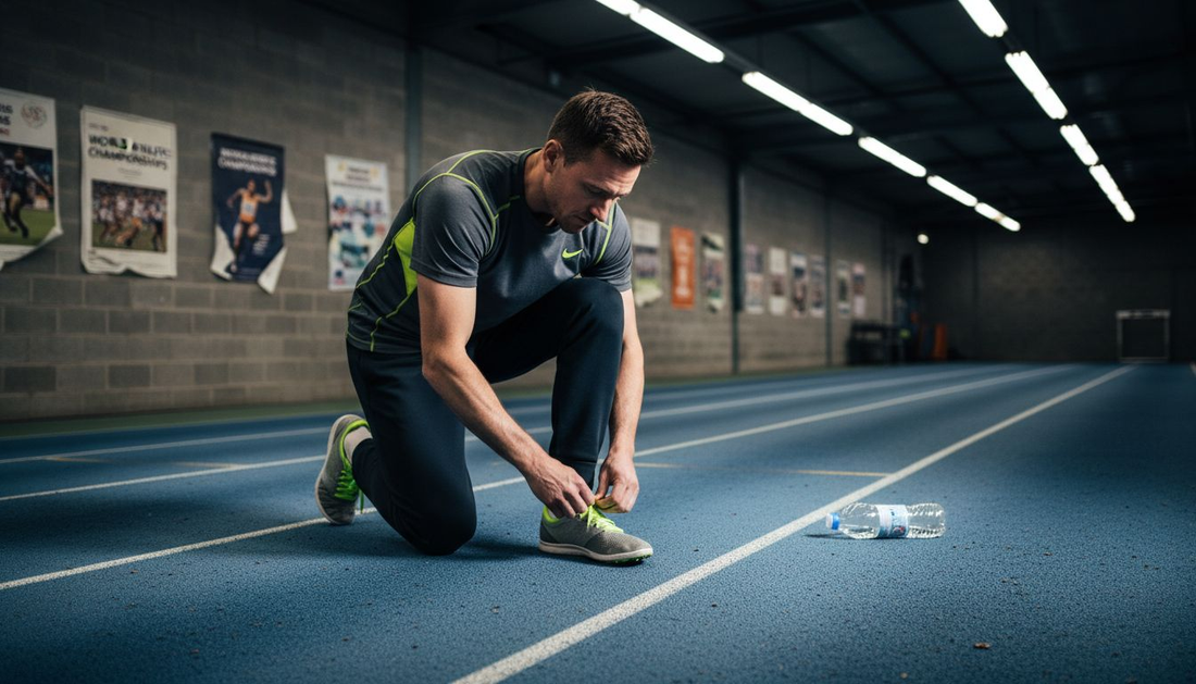 Sprinter tying shoes at indoor gym track