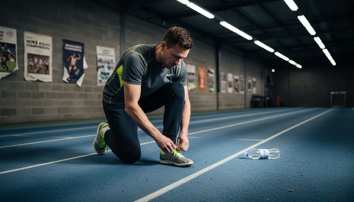 Sprinter tying shoes at indoor gym track