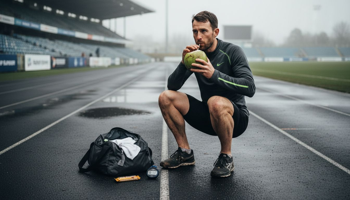 UK athlete hydrating with coconut water on track