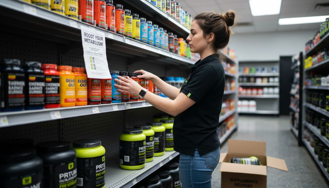 Store shelf with thermogenic fat burner bottles
