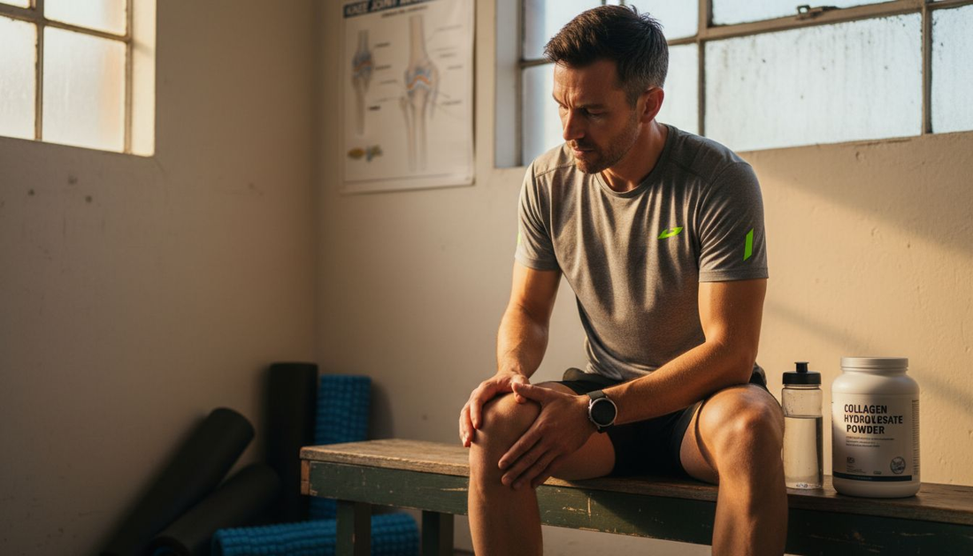 Athlete in gym massaging knee post-workout