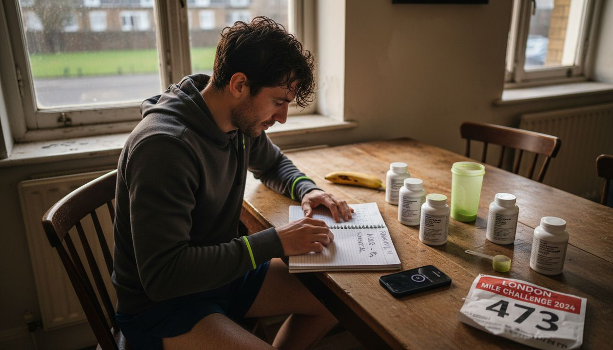Athlete studying supplements at kitchen table