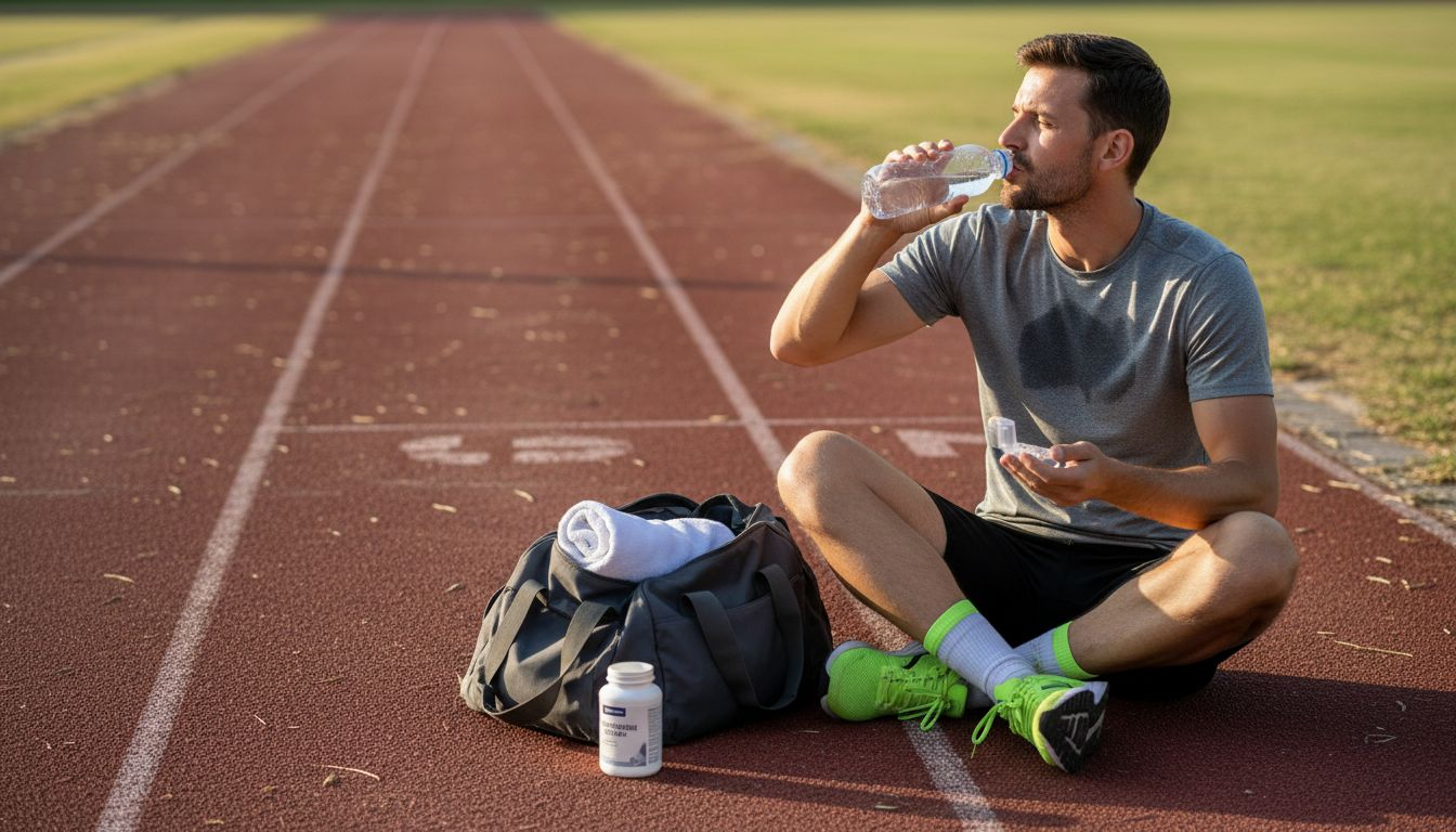 Athlete on track taking magnesium supplement