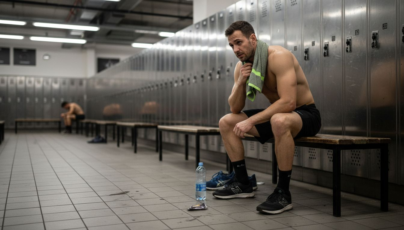 Male athlete resting after workout in gym locker room