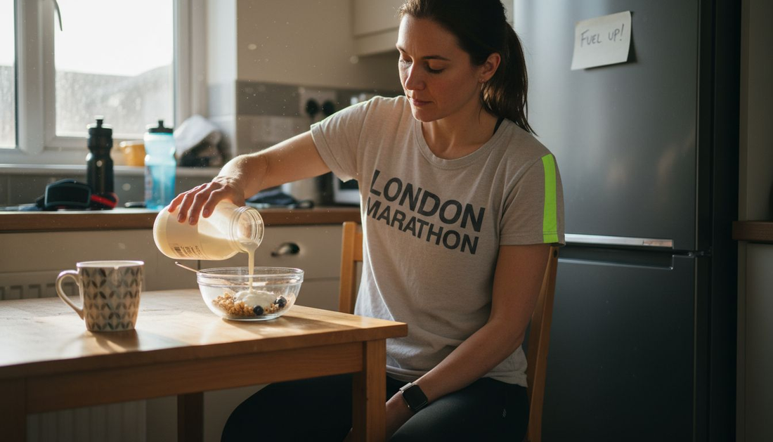 Woman enjoying probiotic yogurt in kitchen
