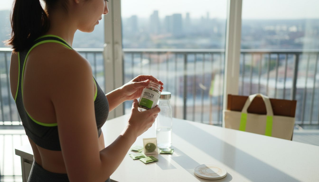 Athlete with green tea extract in sunlit kitchen