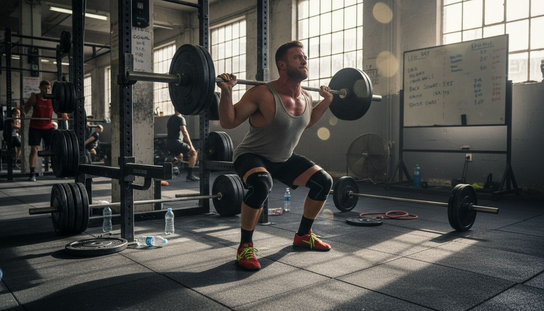 Strength athlete doing squats in busy gym