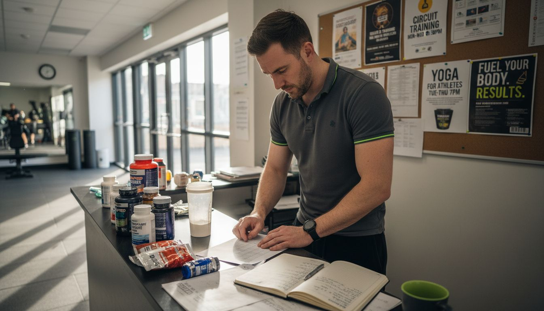 Trainer reviews supplement dosage chart at gym