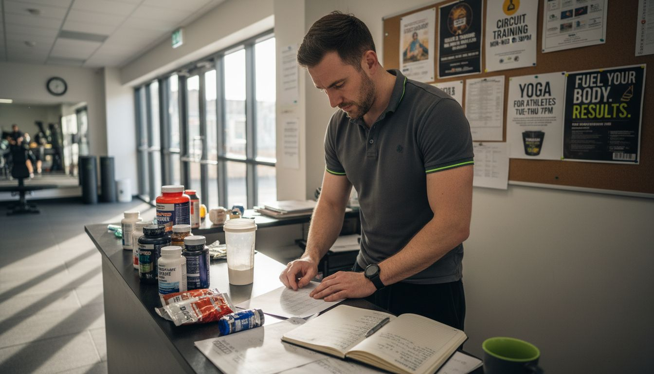 Trainer reviews supplement dosage chart at gym