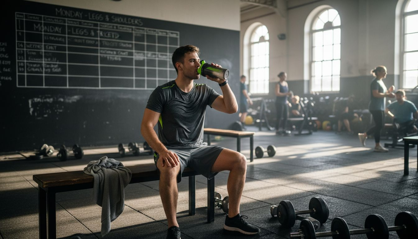 Man resting post-workout in sunlit gym