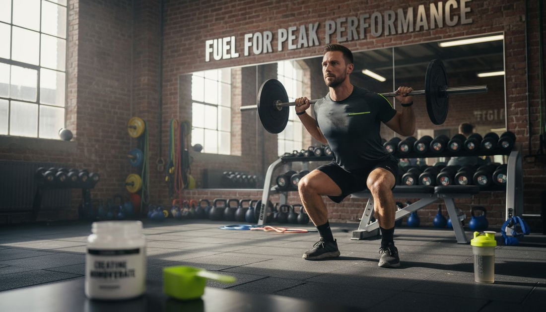 Athlete doing squats in gym environment