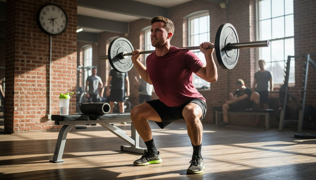 Athlete finishing squat set in urban gym
