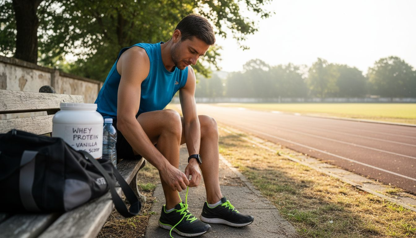 Endurance athlete lacing shoes with supplements on bench