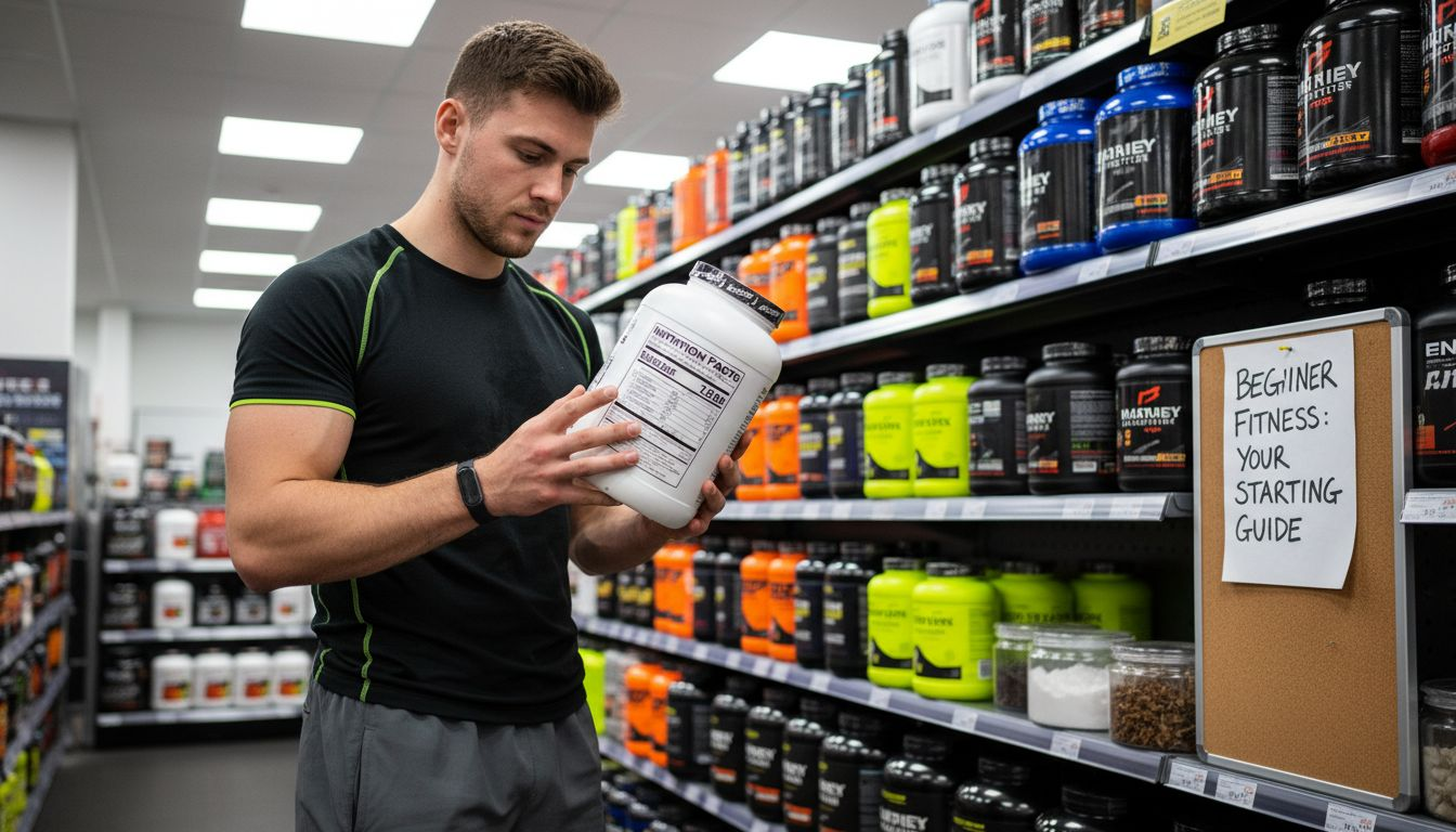 Beginner reading workout supplement label in gym store