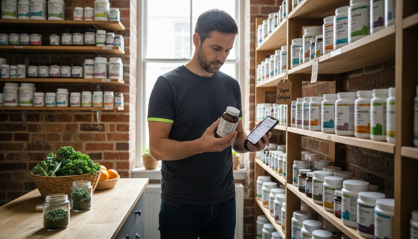 Customer checks supplement clean label in UK shop