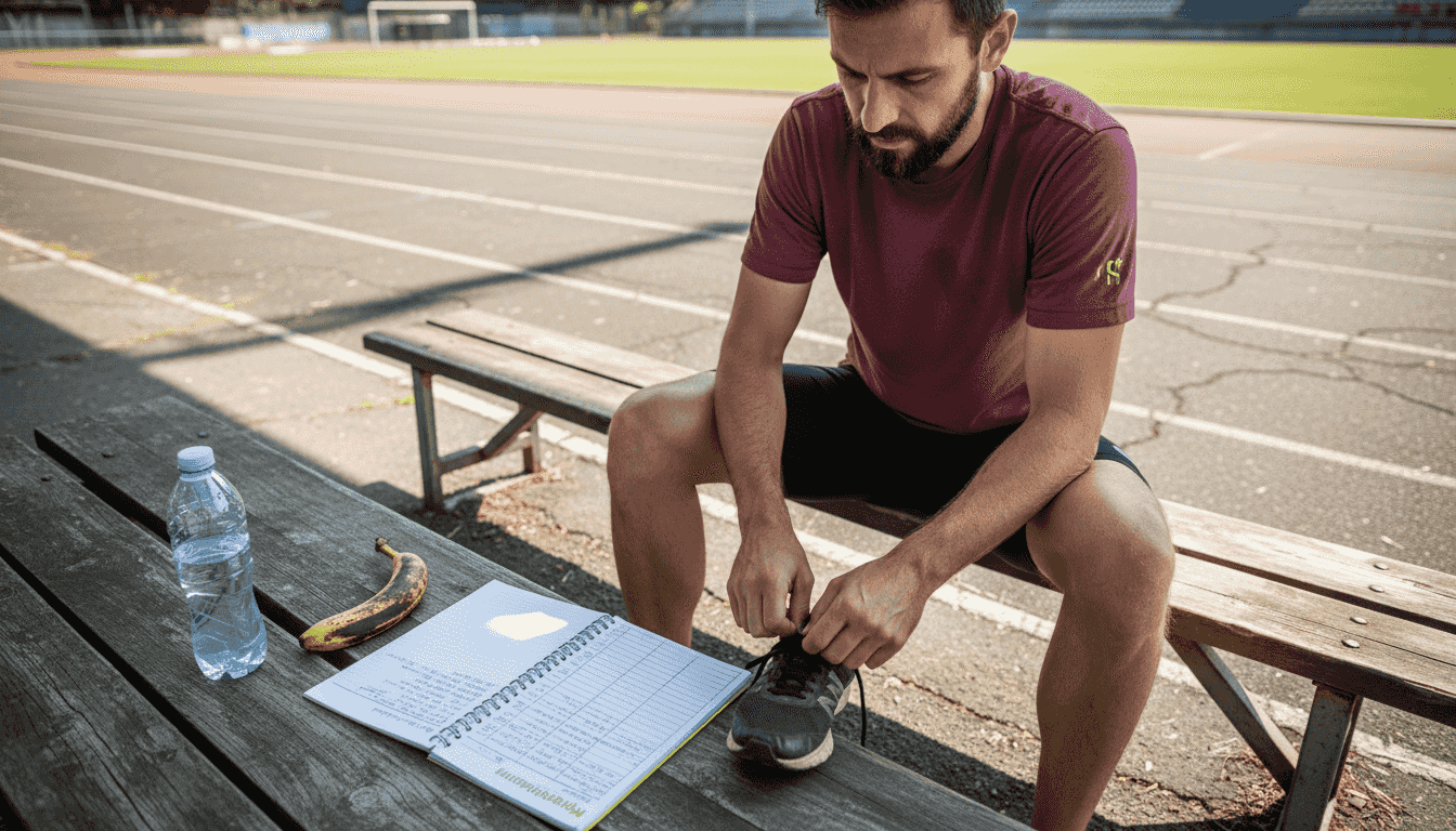 Athlete preparing with food diary on track bench