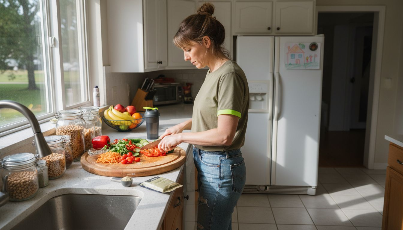 Woman preparing fresh salad in kitchen