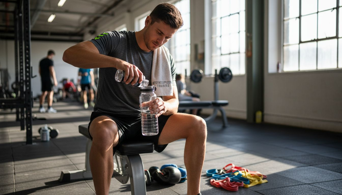 Athlete preparing MCT oil supplement in gym