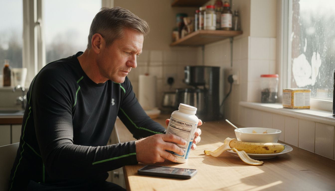 Man reading fish oil supplement label in kitchen