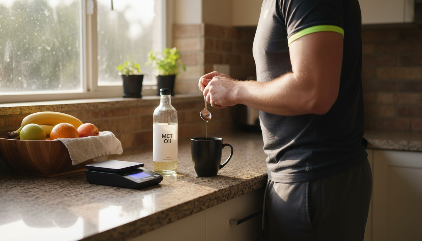 Man measuring MCT oil in home kitchen