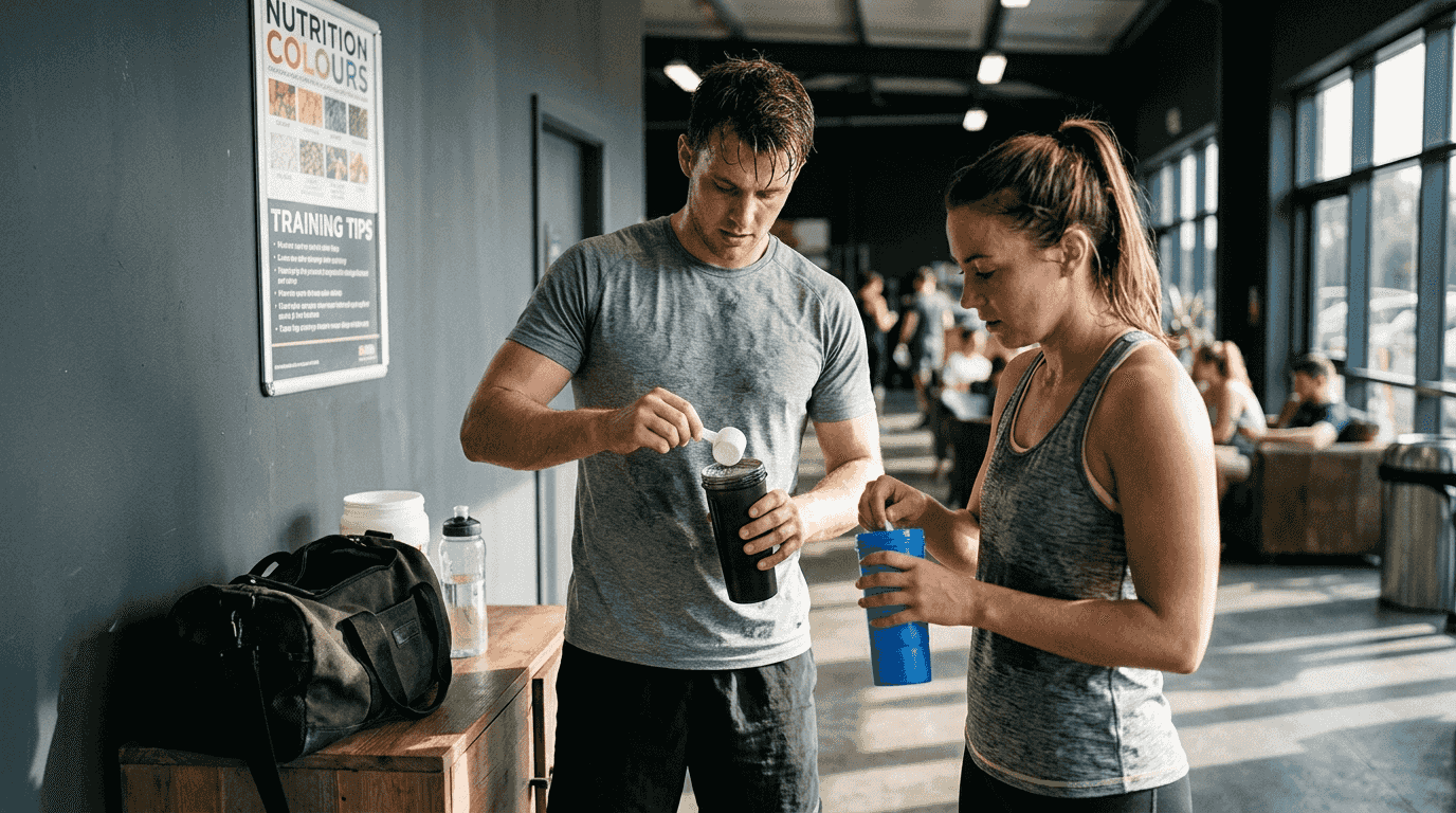 Athletes preparing workout supplements in gym