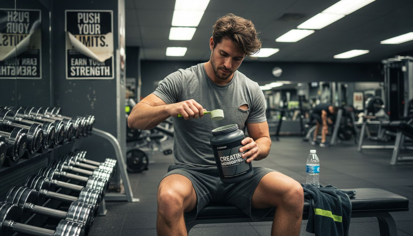 Athlete preparing pre-workout powder at gym