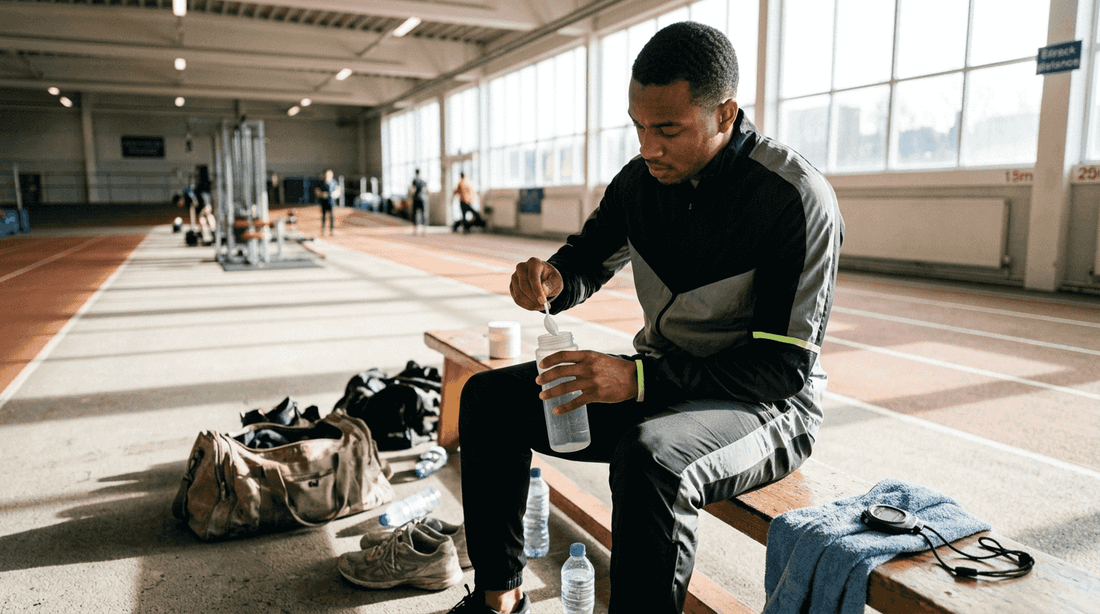 Athlete preparing creatine in gym setting